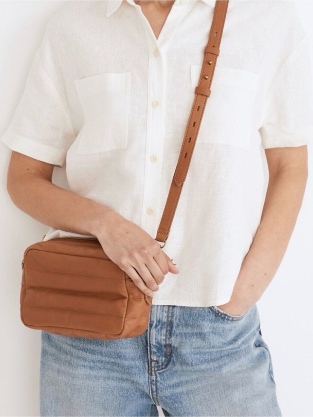 Madewell puff camera bag tan leather crossbody shoulder